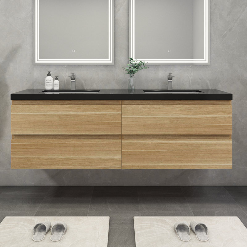 Ensemble de meuble-lavabo double mural 72 po Kirker, Chêne clair