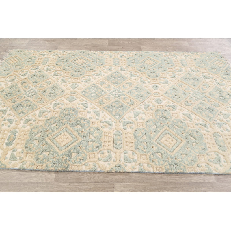 Tapis unique en laine noué à la main vert / ivoire nouvel âge 4 pi 11 po x 7 pi 10 po marocain