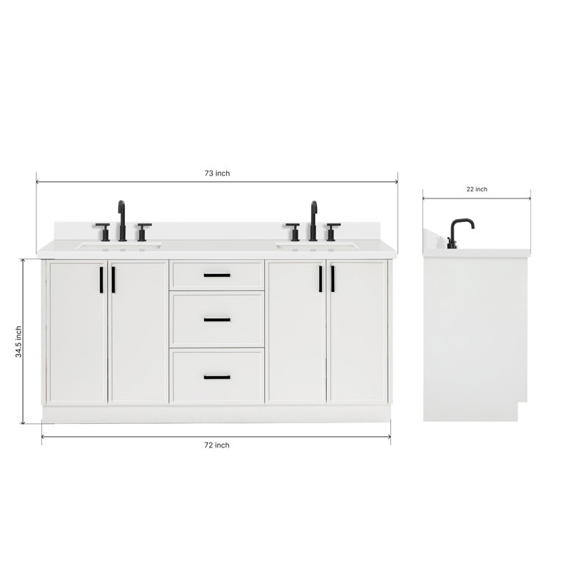 ARIEL Kelly 73 Double Sink Bathroom Vanity with Pure Quartz Top, White, Rectangular, Pure White Quartz