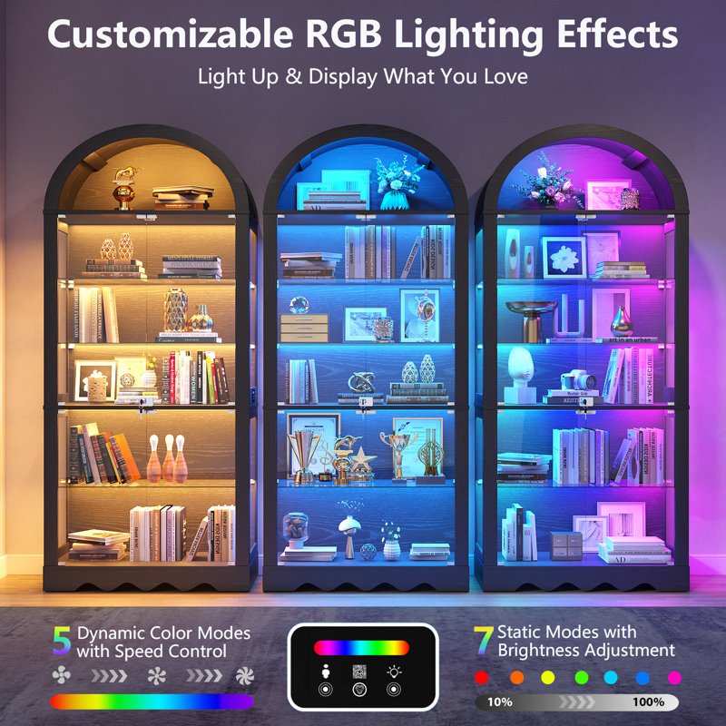 Arched Display Cabinet with Glass Doors, 6-Tier Curio Cabinets with RGB Lights for Collectibles, Black