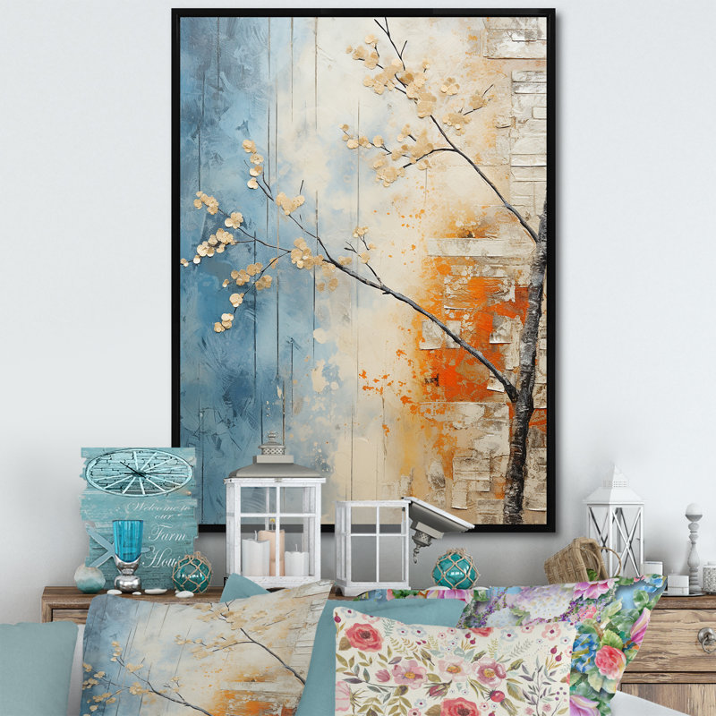 Érable orange sarcelle brillant braise VI sur toile, H 32 po x l 16 po x P 1 po, Cadre flottant noir