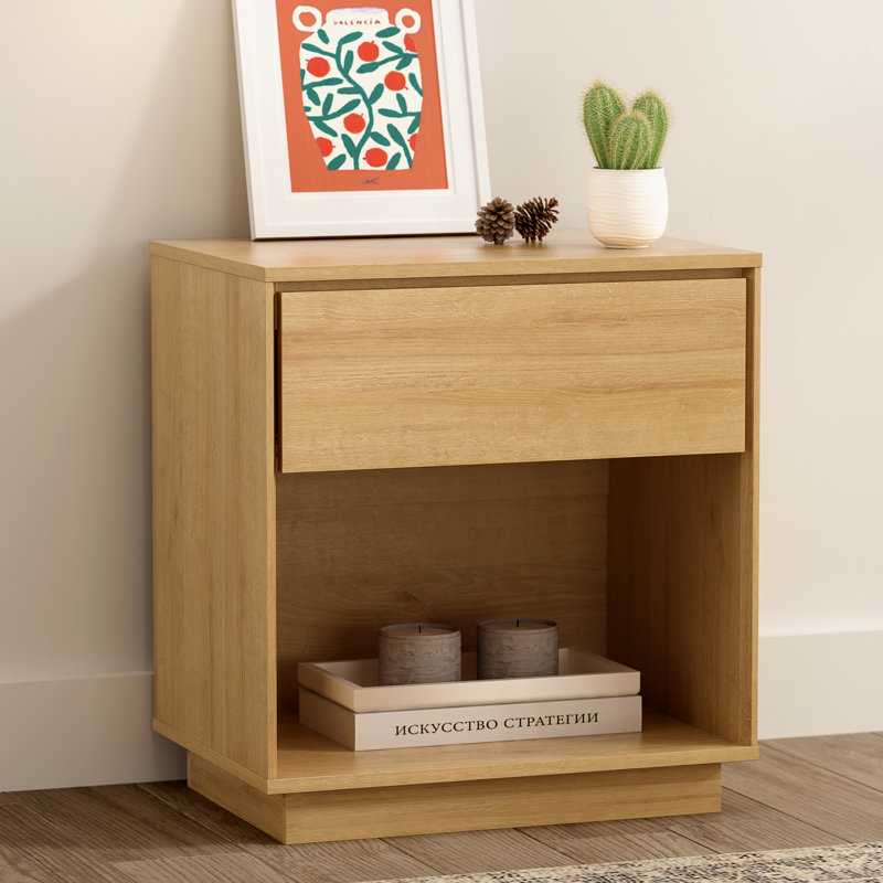 Nightstand, Wood End Side Table With Storage And Open Shelf, Individual, Natural Oak