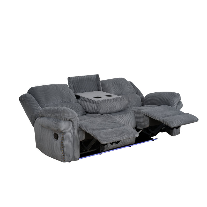 Dark Grey Corduroy Recliner Motion Sofa With Remote - Controlled LED Lights. This Sofa Featuring 3 Seats,Backrest Can Be Reclined, With Cup Holder Living Room/RV/Apartment
