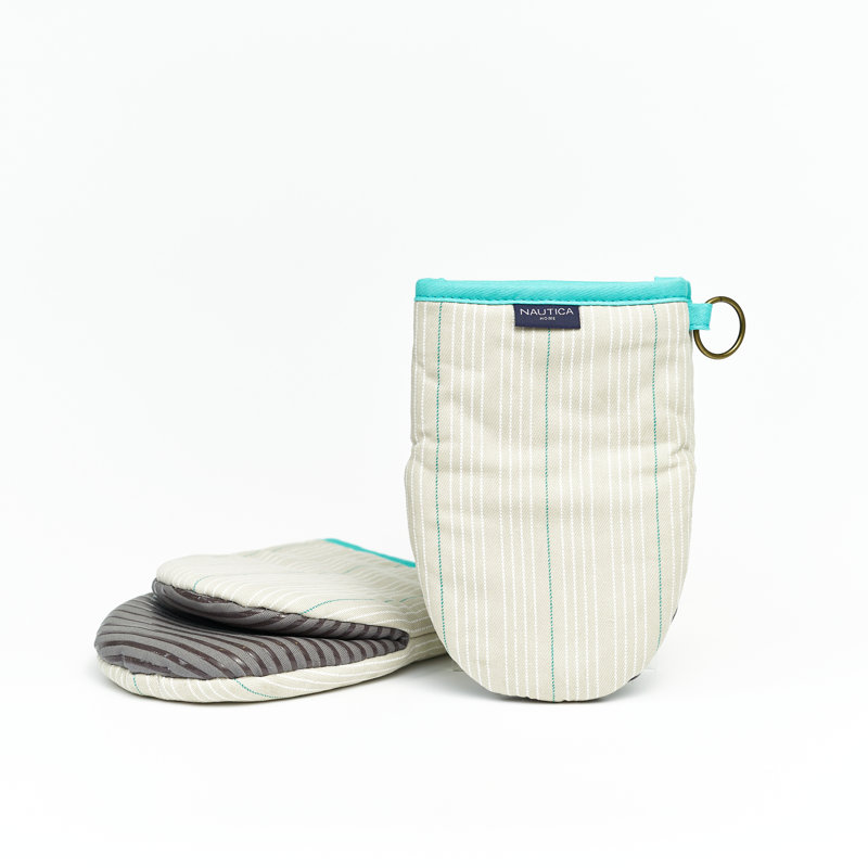 Beige Striped Cotton Mini Oven Mitts with Silicone Palm Set
