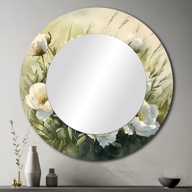 Pivoines dans le champ d'herbe - miroir décoratif floral imprimé sur métal, 36 po x 36 po