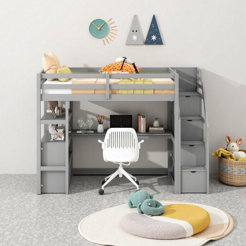 Lit mezzanine simple avec bureau intégré, tablettes, 2 tiroirs de rangement et escalier, blanc - conception en bois de pin peu encombrant