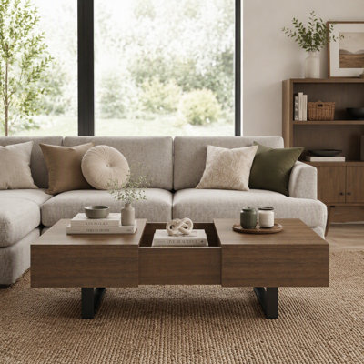 Sliding Top Coffee Table with Hidden Storage, Expandable Wood Tabletop Design, Modern Mid-Century Coffee Table with Storage Compartment