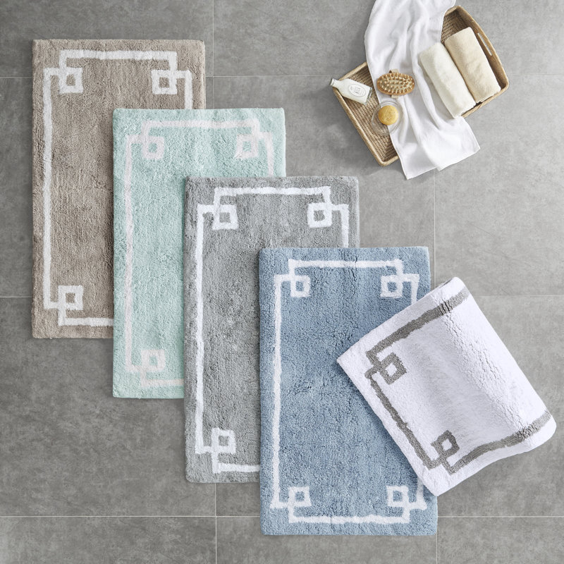 White and Gray Cotton Tufted Bath Rug with Geometric Border