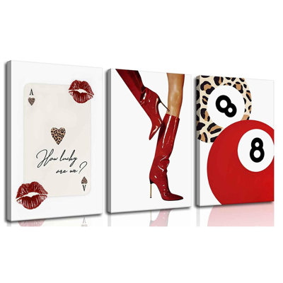 3 pièces rouge léopard sur toile, art mural Funky BCBG Girly Coquette bottes 8 ball Lucky Trendy Wall Decor photos As de cœur affiche carte à jouer poker guépard impressions chambre à coucher décoration