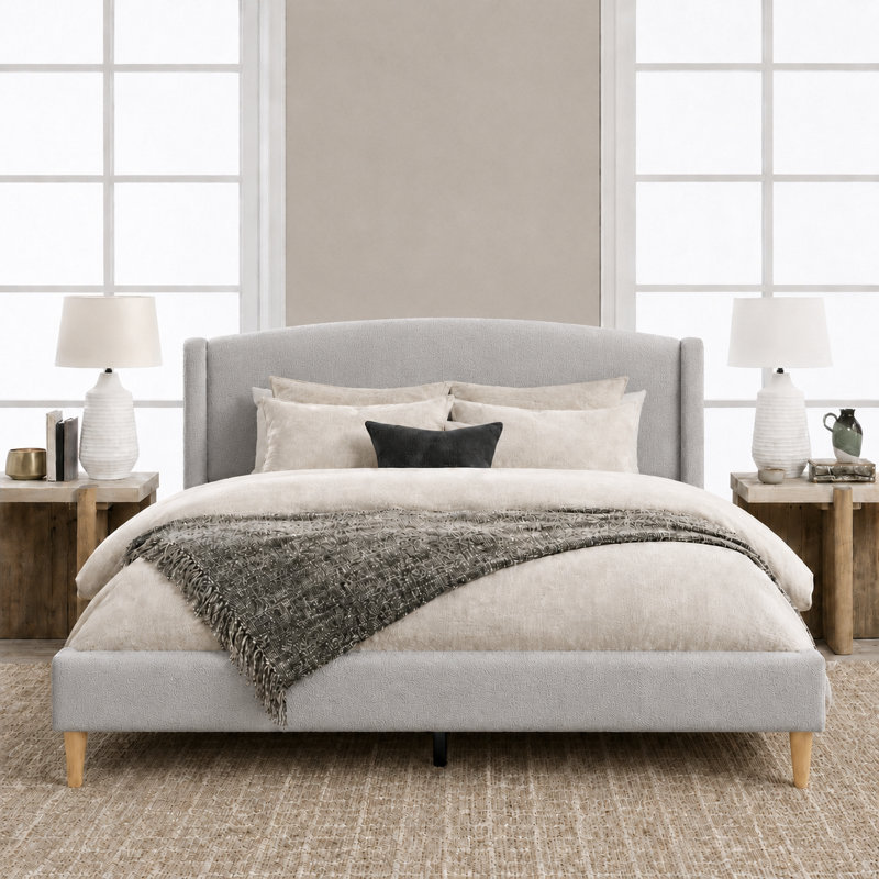  Queen Size French Retro Wingback Bed Frame, Teddy Fabric Upholstered, Sturdy Slat Support, No Box Spring Needed, Easy Assembly, Light Gray