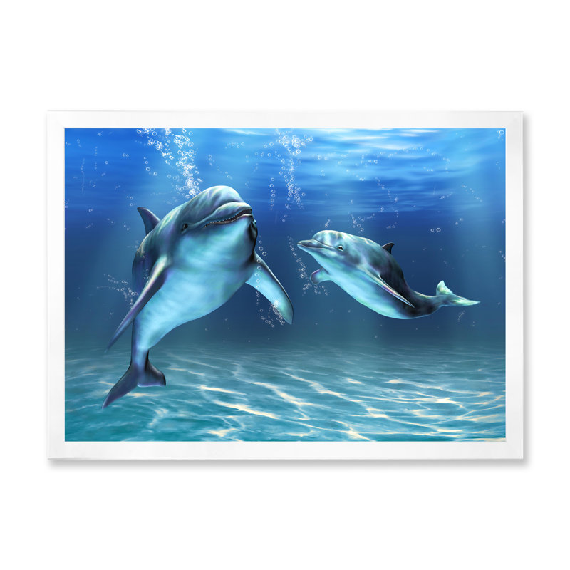 Deux dauphins bleus - Impression sur toile, H 30 po x l 40 po, Cadre photo blanc