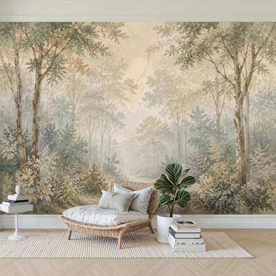 Papier peint adhésif à motif de paysage forestier rétro avec décorations murales en papier autocollant amovible pour mur de salon H 100 po x l 144 po