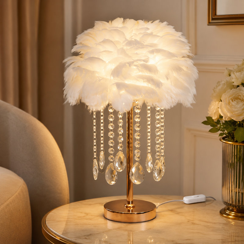 Lampe de table en plumes blanches de 17,7 po avec accents en cristal K9 et base dorée, lampe de chevet à température de 3 couleurs pour la chambre à coucher