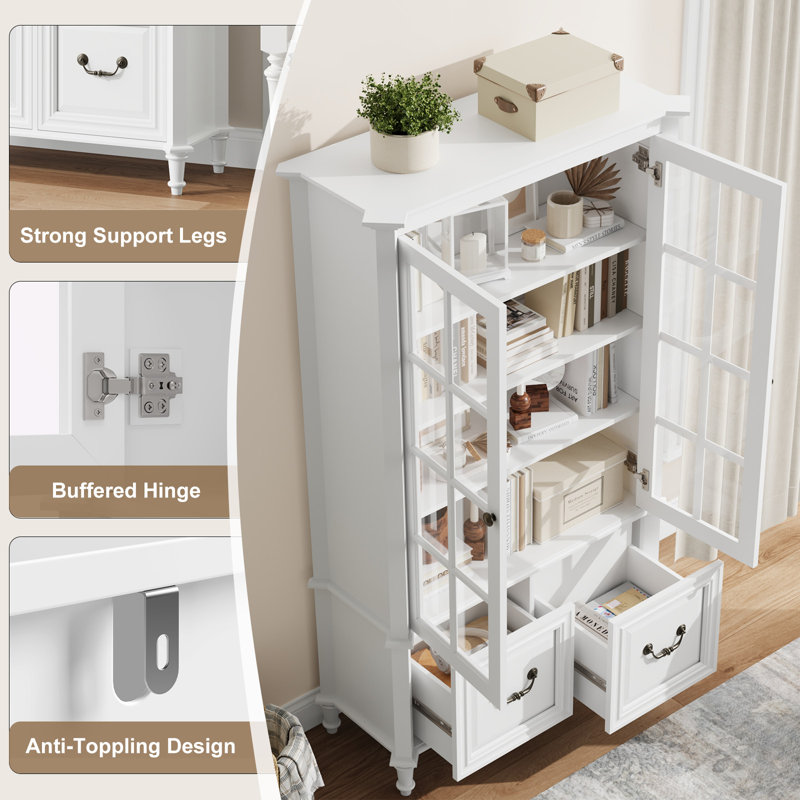 63" Tall Display Cabinet, Modern Farmhouse Curio Cabinet with Glass Doors, 4-Tier Bookcase with 2 Drawers & Adjustable Shelves, Solid Wood Legs