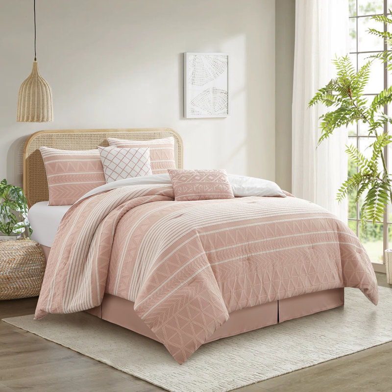 Ensemble d'édredon géométrique 6 pièces Cleluya, Édredon de très grande taille et 6 pièces suppl, Rosé