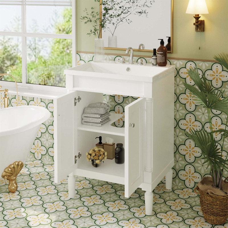 Meuble-lavabo moderne de 24 pouces avec lavabo supérieur et grandes tablettes de rangement, pour les petits espaces et une organisation efficace