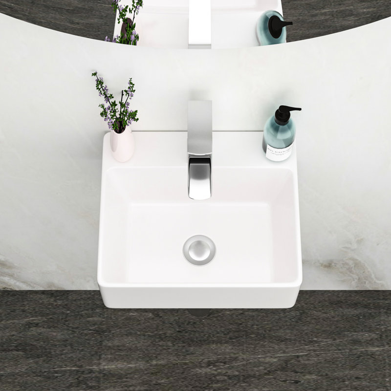 Lavabo de salle de bain mural rectangulaire en céramique blanche 13,6 x 11,6 pouces, teint, faible absorption d'eau, style flottant, accessoires de montage avec lavabo simple, surface lisse acide, moderne