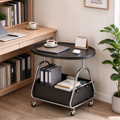 Table d'appoint roulante en acier inoxydable de 21,62 po de hauteur, table de bout mobile ovale avec panier de rangement amovible, table basse à roulettes pour la chambre du salon