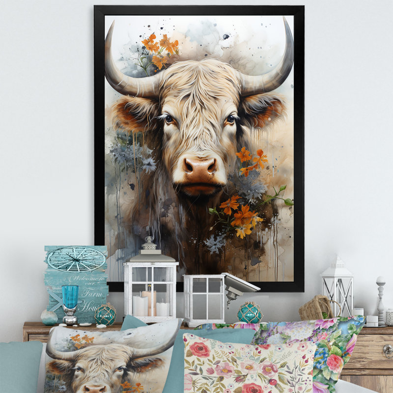Profil floral de yak sur toile, Cadre simple noir, H 44 po x l 34 po x P 1,5 po