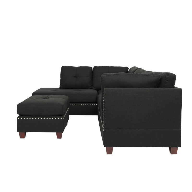 Canapé modulaire réversible en polyfibre noir avec 2 coussins décoratifs et 3 coussins décoratifs en forme de L, rembourrés de mousse haute rembourrée, livré avec une méridienne de 34 po x 75 po et 3 po, 3 coussins, format confortable 35 po, 24 po et 19 po