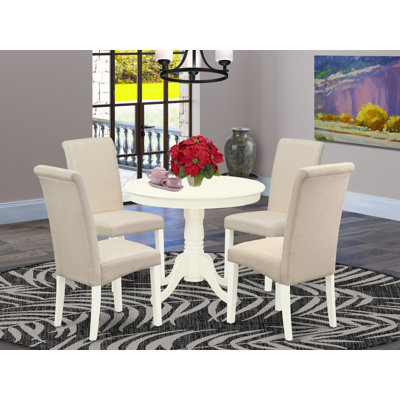 Ensemble de salle à manger 5 pièces moderne comprenant une table de cuisine ronde avec piédestal et 4 chaises de salle à manger Parsons en lin crème, blanc lin