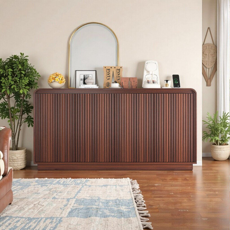 Meuble télé élégant à 4 portes en noyer avec prise de courant et rangement réglable - console média moderne et buffet, Noyer