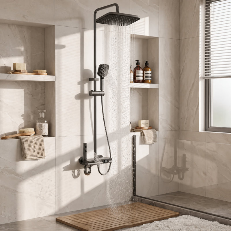 41.5" H Black Space-Aluminum Rain Shower System, Digital Display & Push-Button Switch