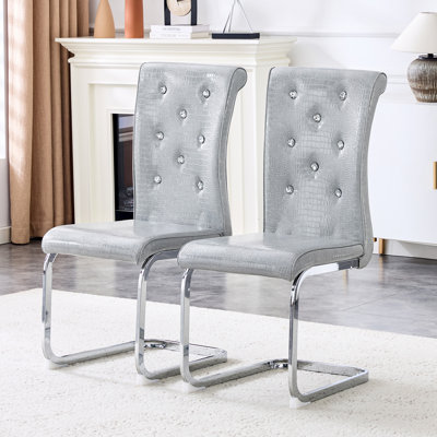 Ensemble de 2 chaises de salle à manger modernes en similicuir, chaises d'appoint rembourrées Glam avec pieds en arc, chaises de cuisine rétro avec motif alligator (gris, pattes galvanisées)