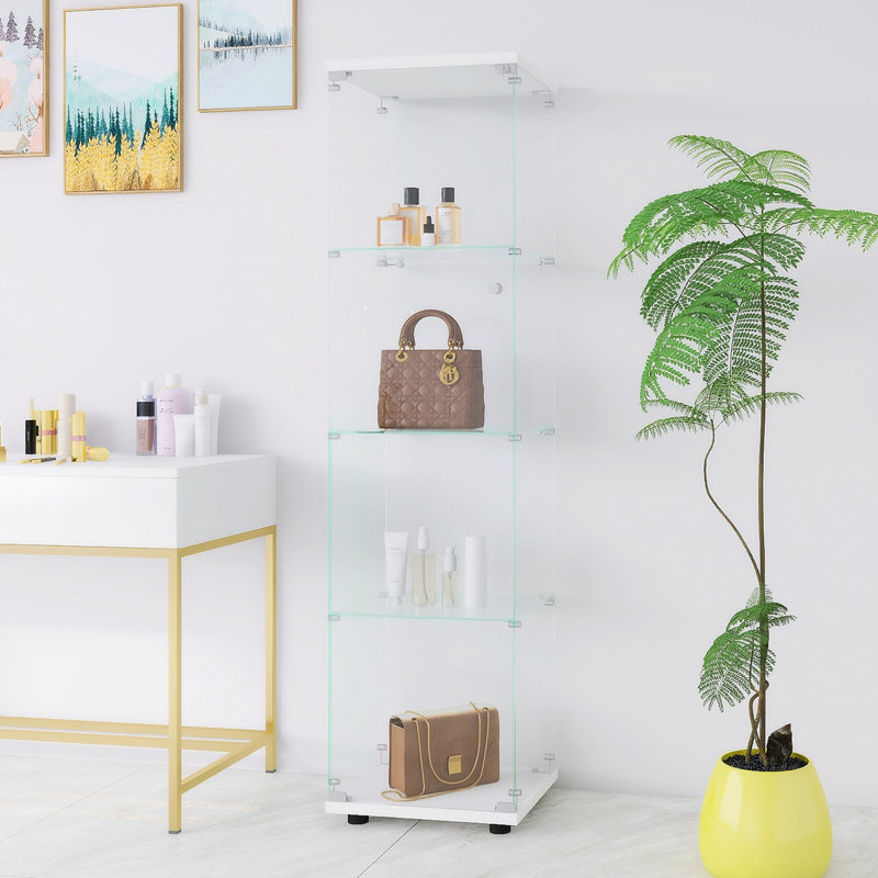Havik Glass Display Cabinet 4 Shelves with Door, Floor Standing Curio Bookshelf Office, 14.28" H x 16.68" W x 64.68" D