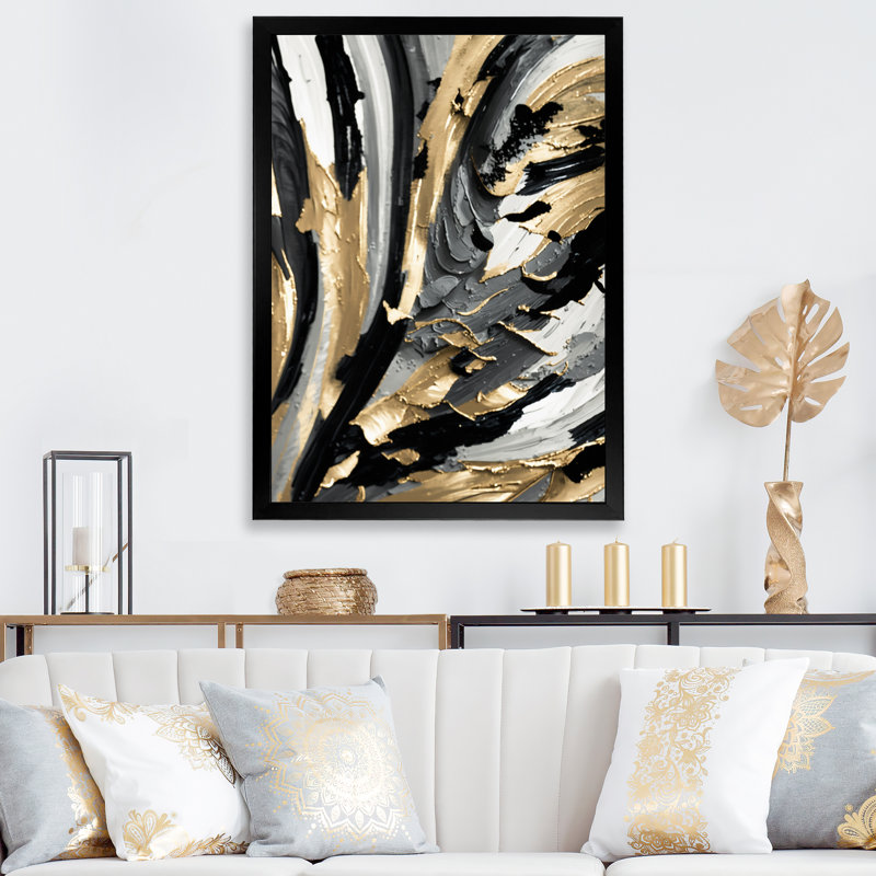 Rythme de plaisir abstrait noir et or I - peinture abstraite, art mural, H 32 po x l 24 po x P 1 po, Cadre simple noir