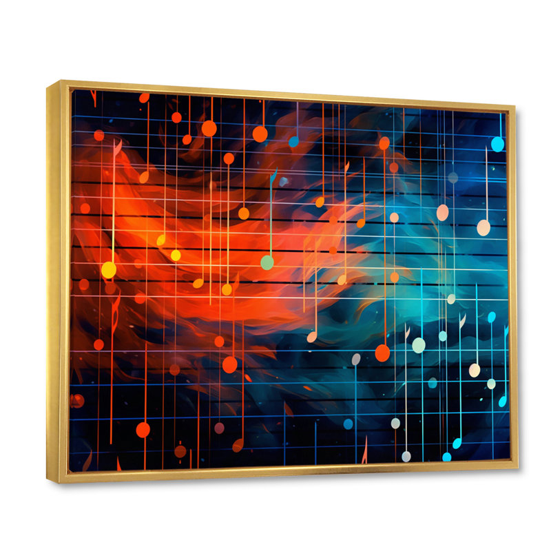 Vagues de notes de musique en orange et bleu rétro I - impression, Cadre flottant doré, H 24 po x l 32 po x P 1 po