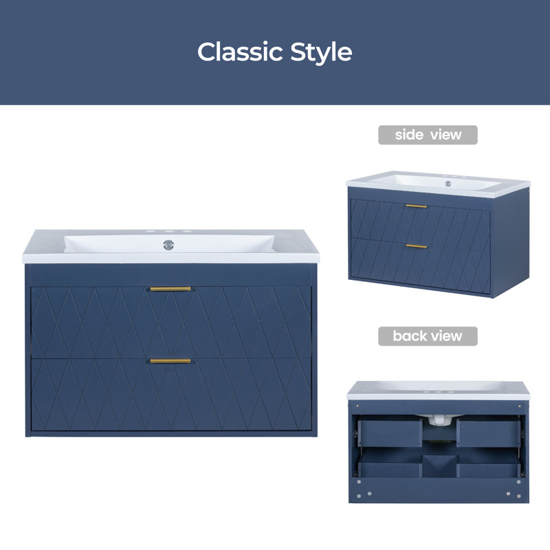 Meuble-lavabo simple 30 po avec plateau en résine Catlett, Bleu marine
