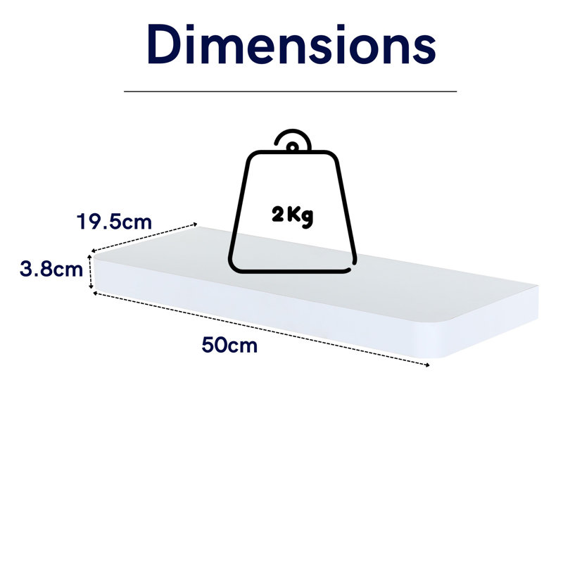 Arran Chunky Floating Shelf Kit, White Shelving, Foil-Wrapped Finish, 3.8 cm H x 50 cm W x 19.5 cm D, White