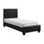 Lit plateforme simple avec design contemporain et housse en similicuir noir, avec tête de lit, rails, pas de sommier tapissier requis