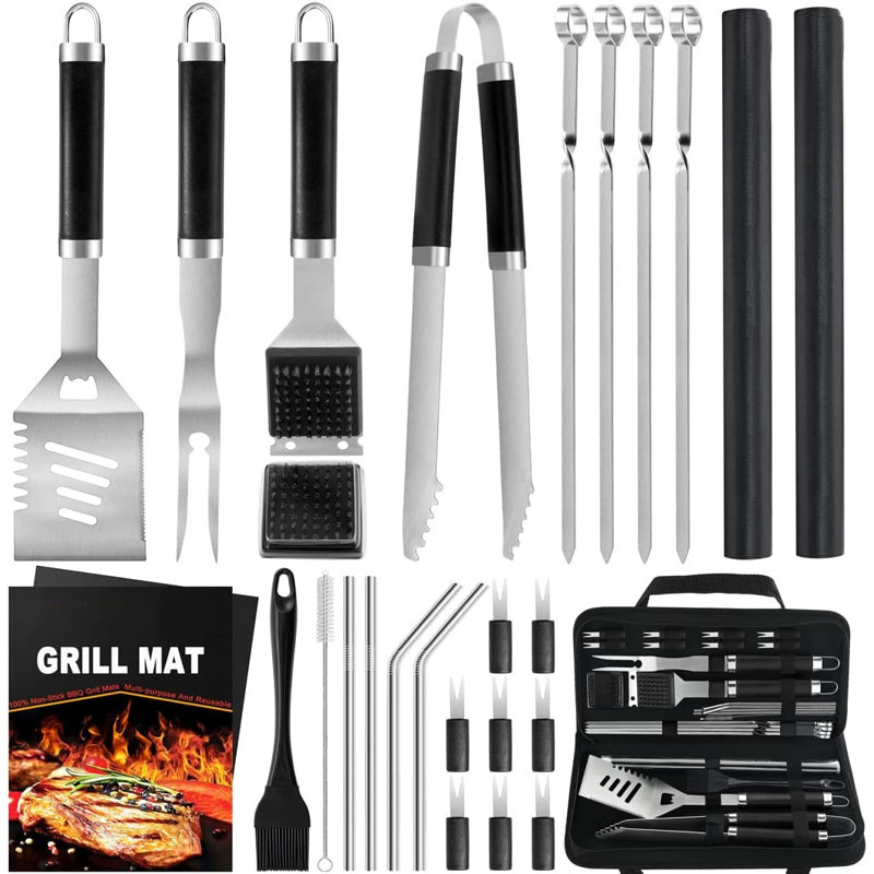 Stainless Steel Dishwasher Safe Grilling Tool Set, Silver/Black