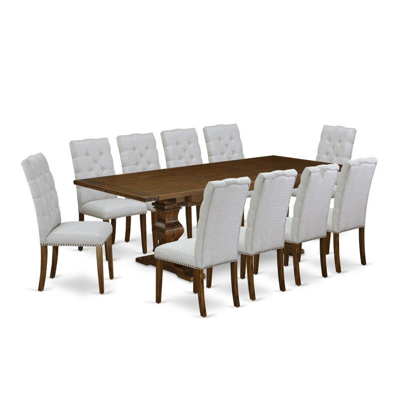Ensemble de table de salle à manger 11 pièces moderne comprenant une table rectangulaire en bois avec rallonge amovible et 10 chaises Parsons en tissu gris, noyer antique