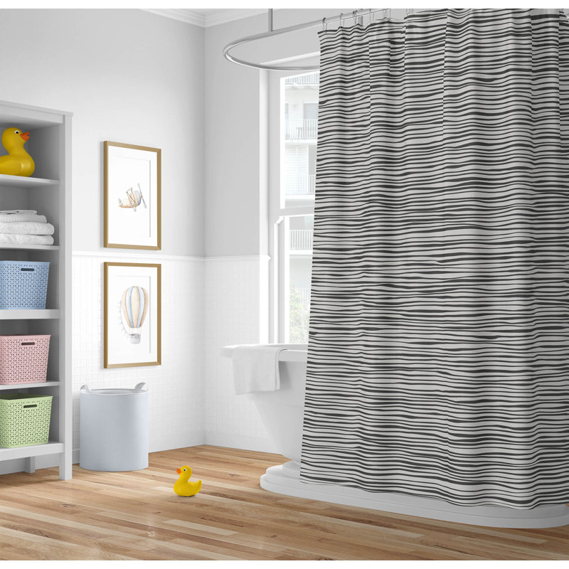 Tartan Block Ultra-Thin Lightweight Shower Curtain, Ivory/Charcoal Striped 6