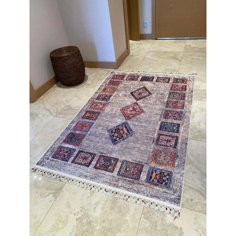 Coton à imprimé numérique marocain beige beige Toscana Tapis chenille antidérapant, Rectangle 5 pi 11 po x 9 pi 10 po