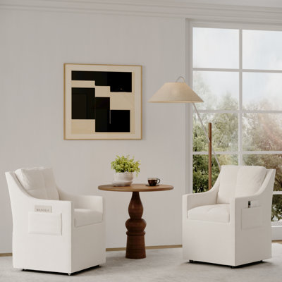 Chaise de salle à manger rembourrée en lin blanc avec poche latérale et roulettes, ensemble de 2