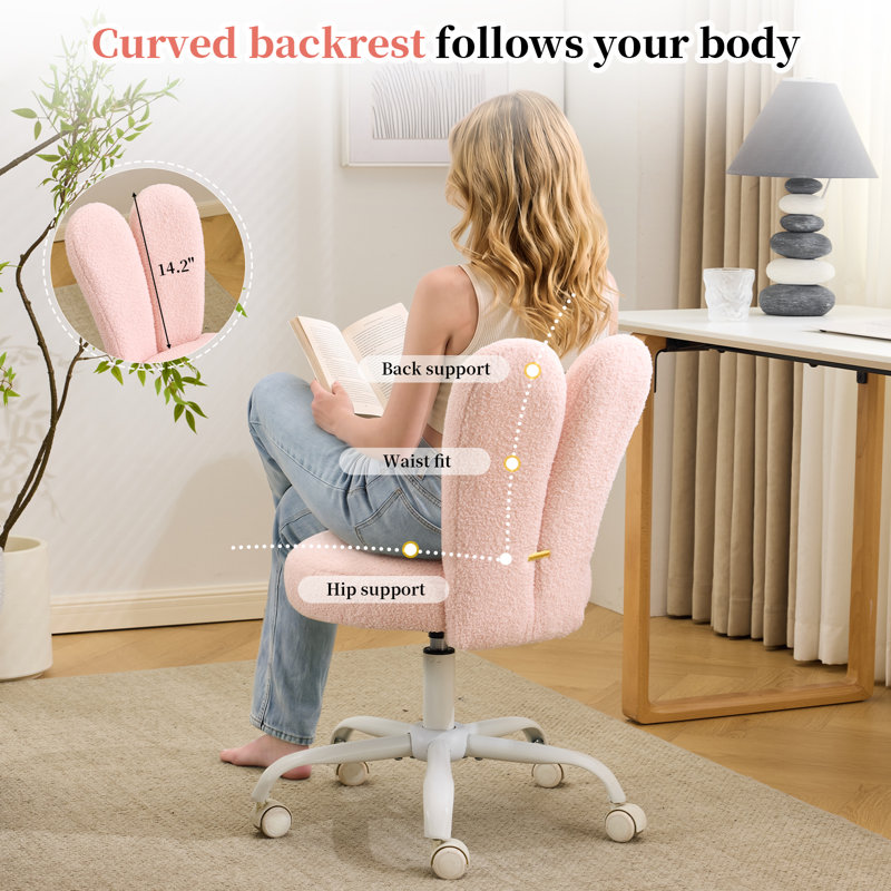 Adjustable Bow Teddy Fabric Bunny Ear Swivel Accent Chair Office Chair For Home Office Vanity, Pink