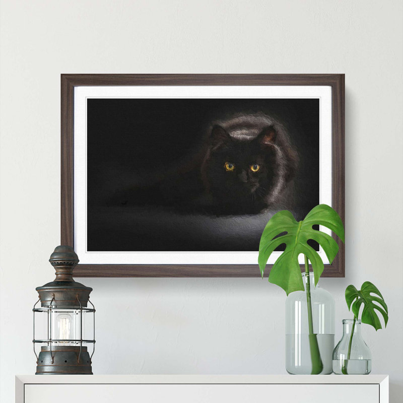 Black Cat with Yellow Eyes - Picture Frame Art Print, 27cm H x 36cm W x 2cm D, Walnut Framed