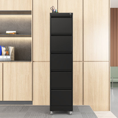 Classeur vertical à 5 tiroirs avec roulettes et serrure pour la maison de bureau, tiroirs spacieux, glissières à extension complète, serrure en métal noir facile à nettoyer, grand rangement format A4 / lettre / légal, inclinable