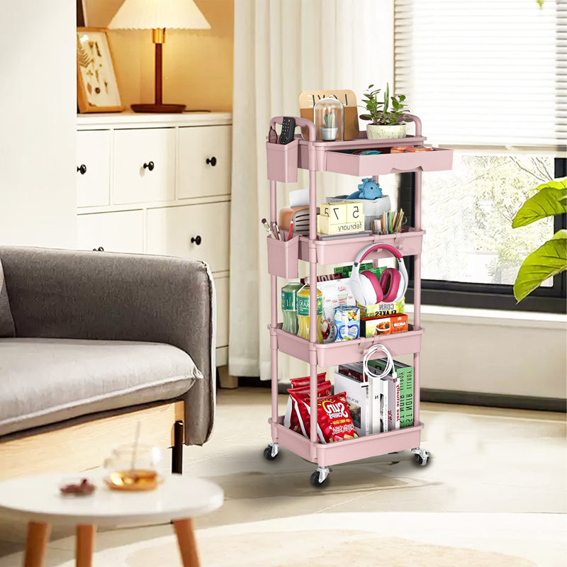 4-Tier Rolling Multi-Purpose Trolley With Drawers,Practical & Versatile Storage Trolley With Plastic Shelves & Lockable Wheels