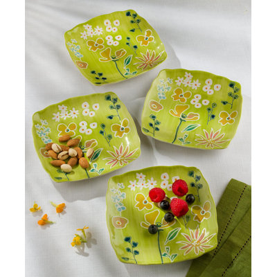 Primavera Handpainted Stoneware Canape Plates Set, Set of 4