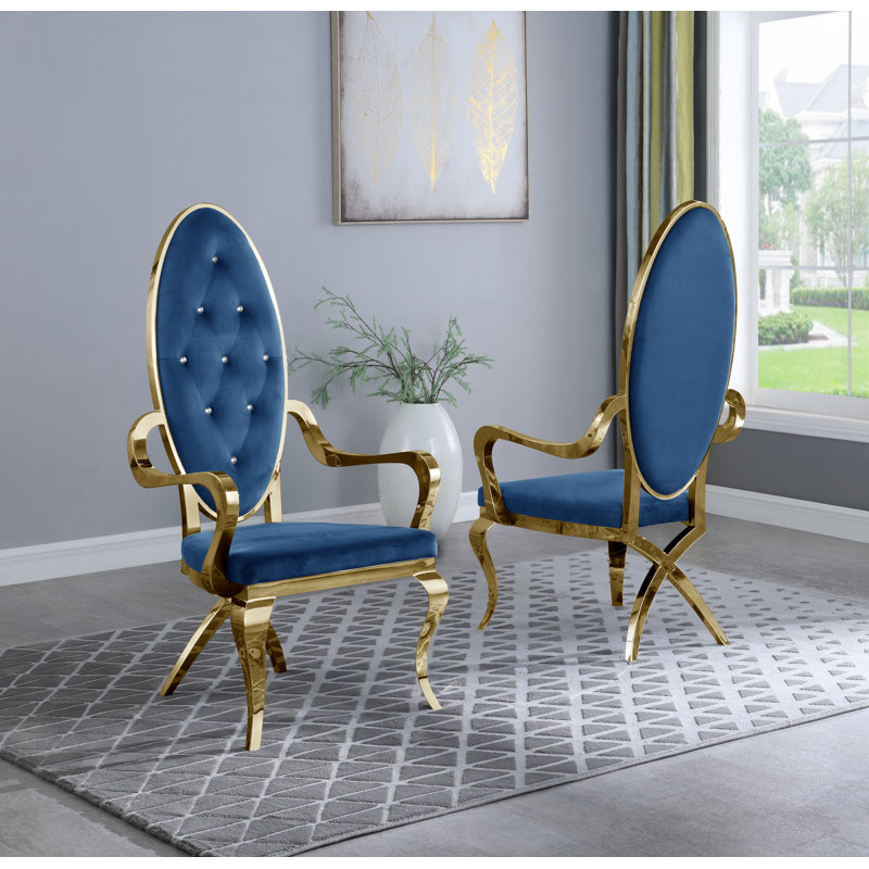 Tufted Velvet Upholstered Armchair, Gold, Navy Blue Velvet