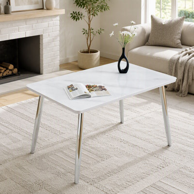 Modern Minimalist Rectangular Dining Table with Tempered Glass and Imitation Marble, Suitable for 4-6 People in Small Spaces