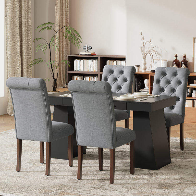 Ensemble de table et de chaises de salle à manger en bois massif avec 2 tiroirs, Noir, Gris