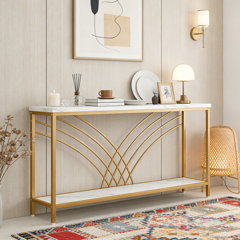 Console de table d'entrée en faux marbre avec 2 tablettes de rangement