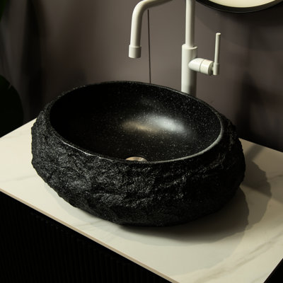 Lavabo de salle de bain 18 po, bassin ovale irrégulier en résine avec motif de pierre, gris foncé, aspect artistique, facile à nettoyer, 3 choix de couleurs personnalisées, sans robinet, drain de lavabo sans trop-plein,