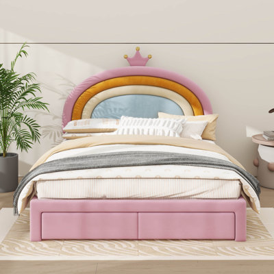 Upholstered Platform Bed Pastel Storage Drawer